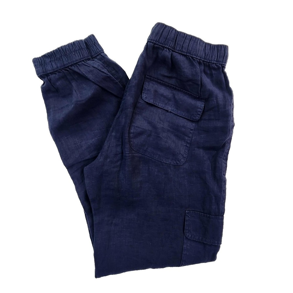 Nicole Miller Cargo Jogger Navy Blue Women Size S Linen Elastic Waist Pants